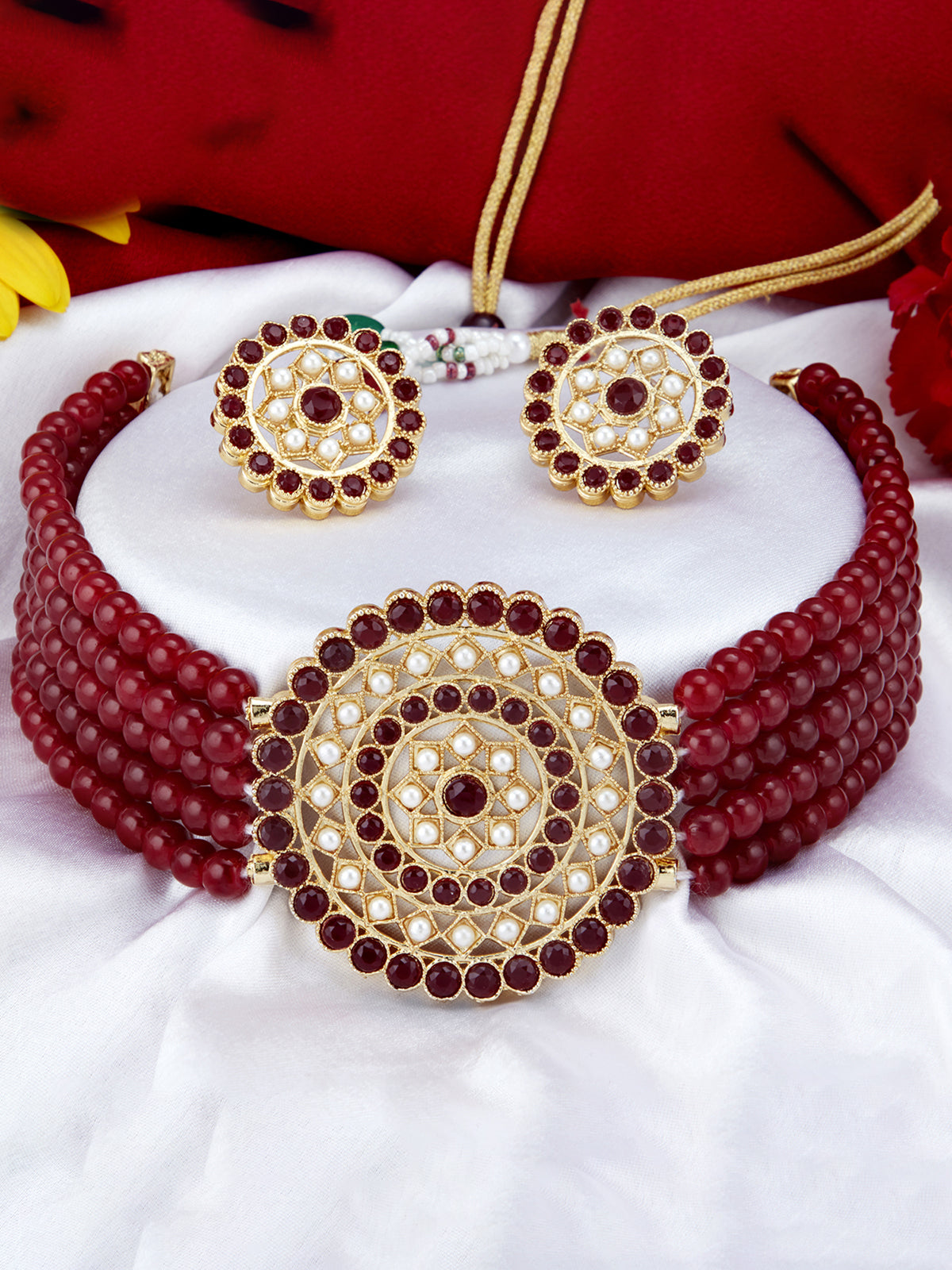 Sukkhi Incredible Gold Plated Maroon & White Pearl Choker Necklace Set for Women SKR70453