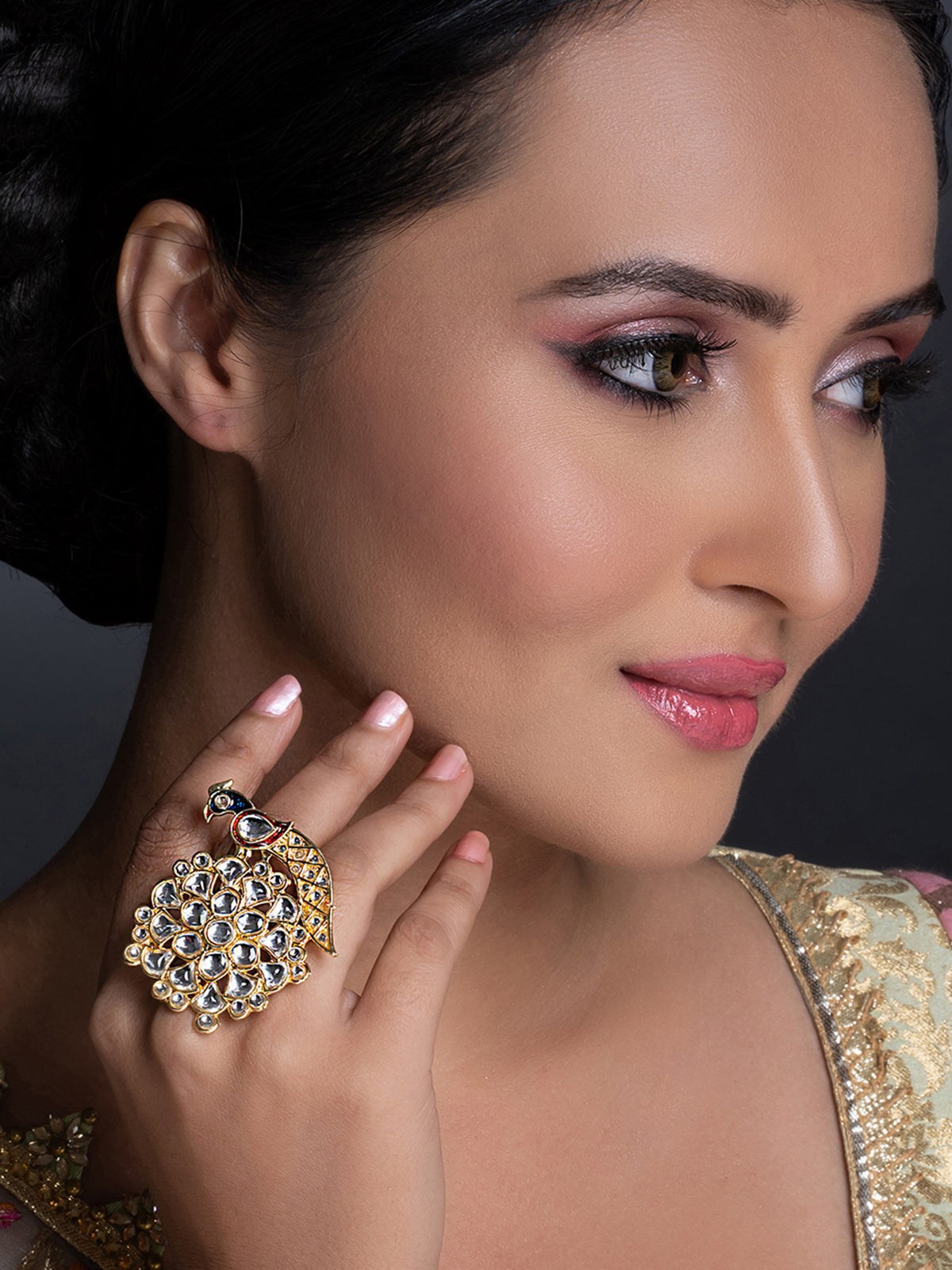 Sukkhi Spectacular Kundan Gold Plated Meenakari Ring for Women SKR85667