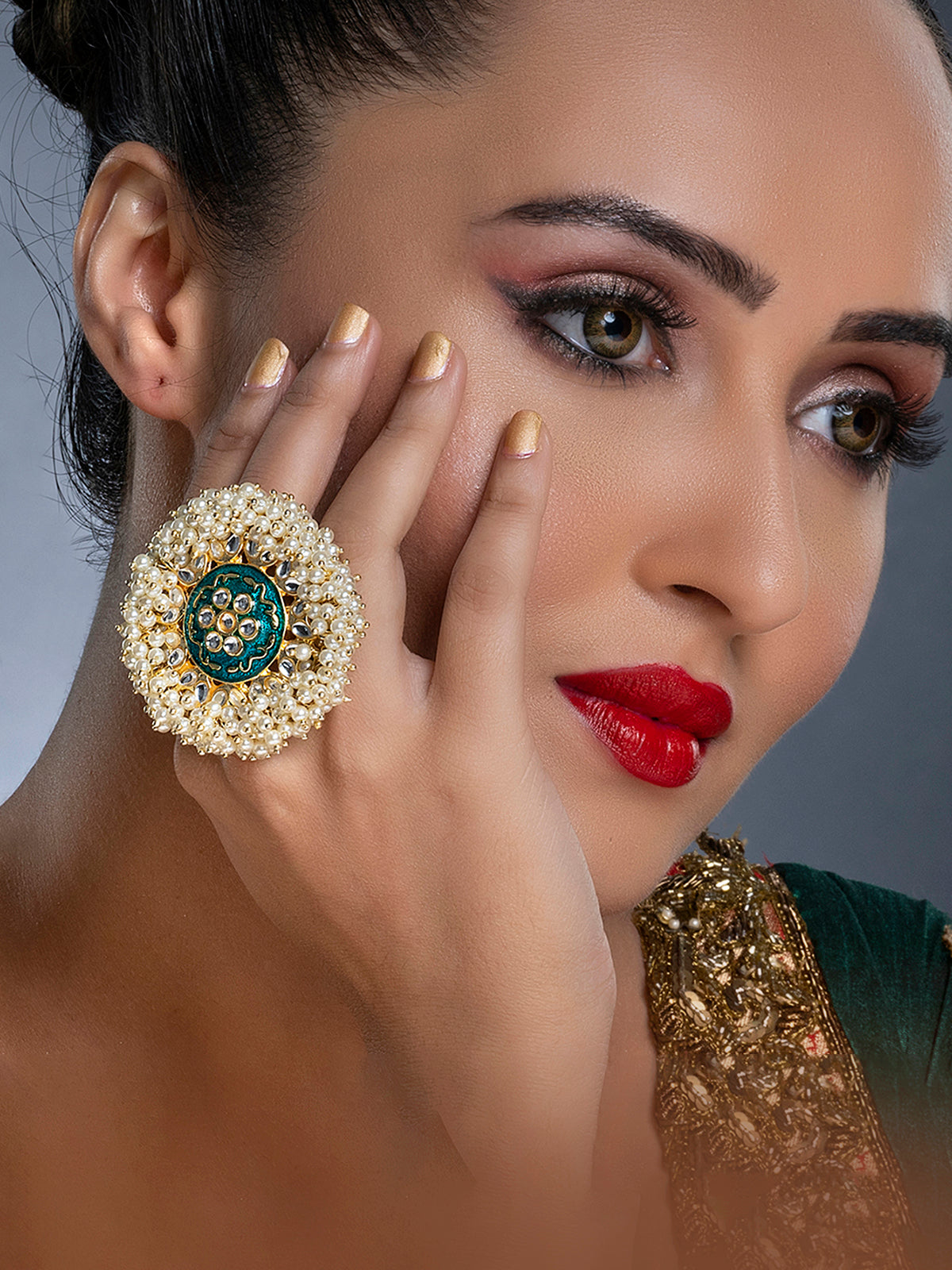 Sukkhi Glitzy Kundan Gold Plated Pearl Ring for Women SKR85679