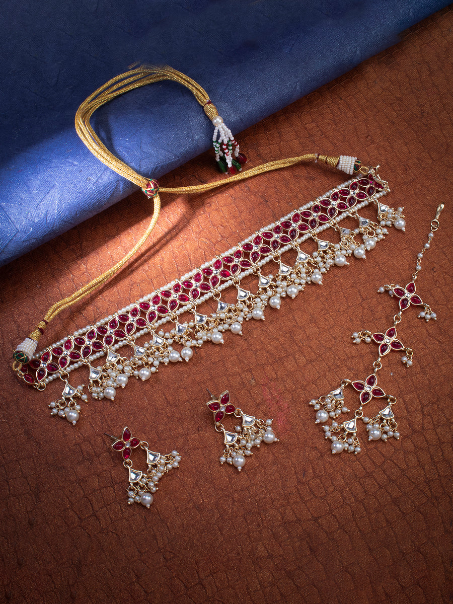 Sukkhi Resplendent Kundan Gold Plated Pearl Choker Necklace Set for Women SKR85688