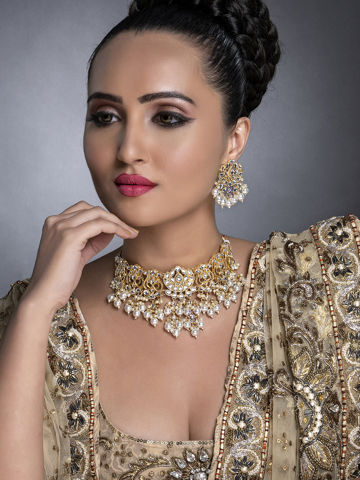 Sukkhi Exotic Kundan Gold Plated Pearl Choker Necklace Set for Women SKR85690