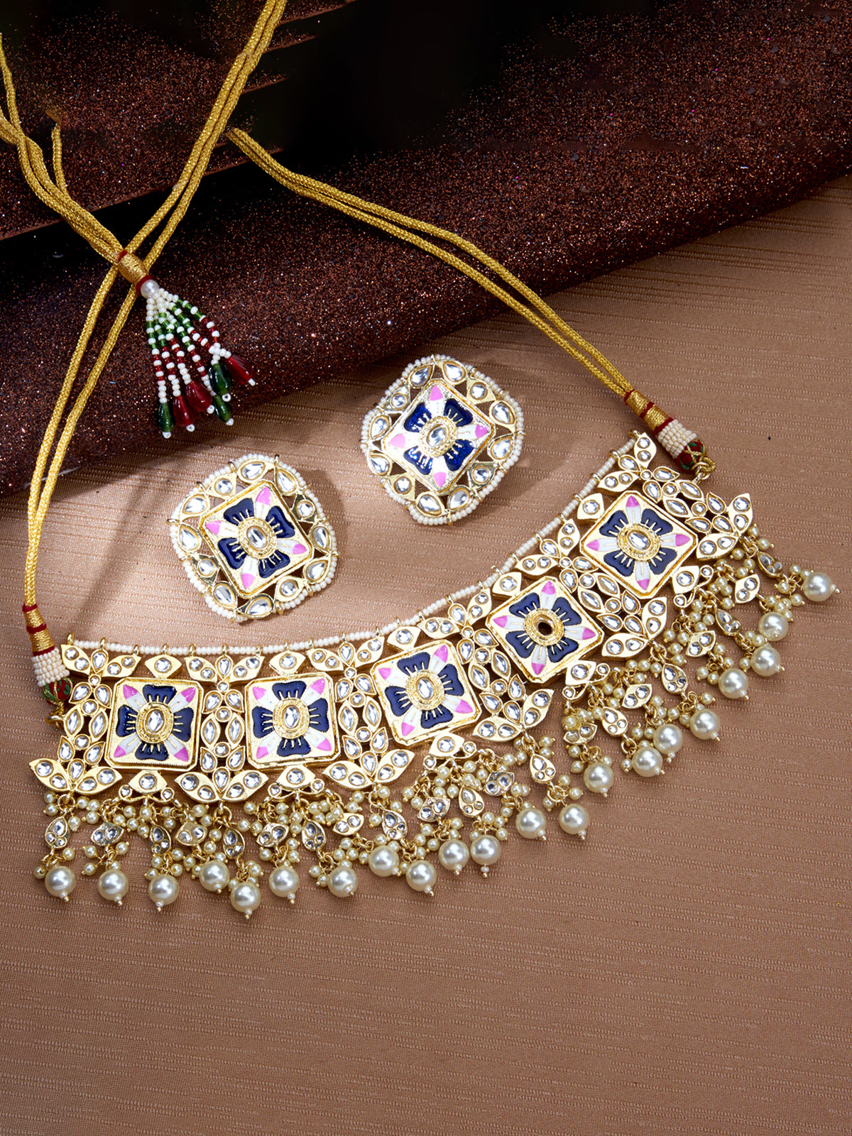Sukkhi Alluring Pearl Gold Plated Kundan Meenakari Necklace Set for Women SKR85703