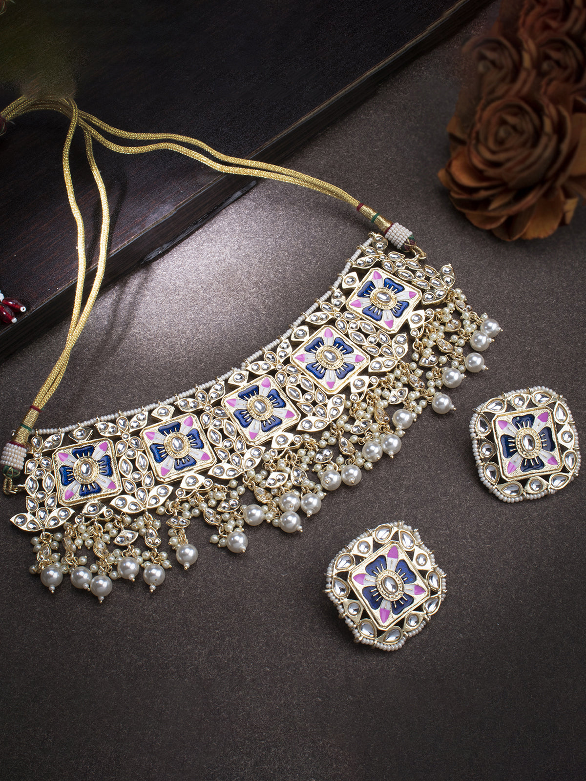 Sukkhi Alluring Pearl Gold Plated Kundan Meenakari Necklace Set for Women SKR85703