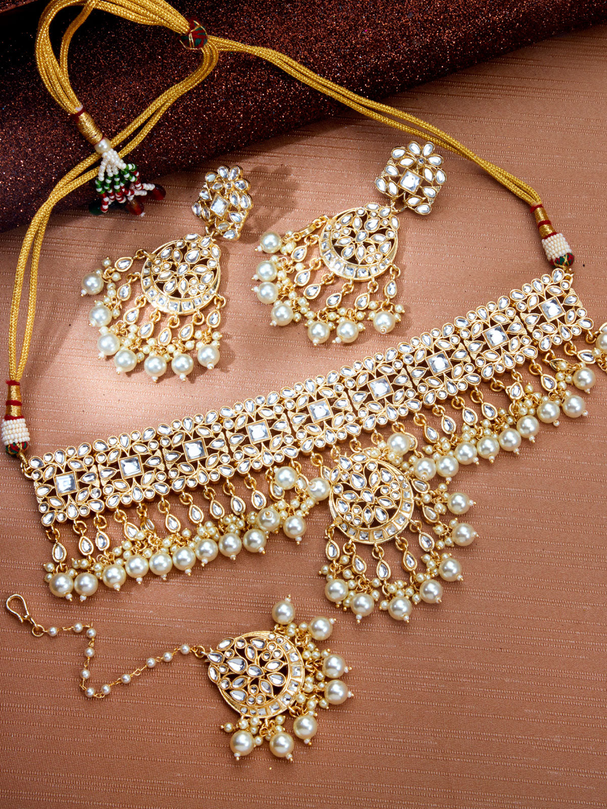 Sukkhi Exclusive Kundan Gold Plated Pearl Choker Necklace Set for Women SKR85708