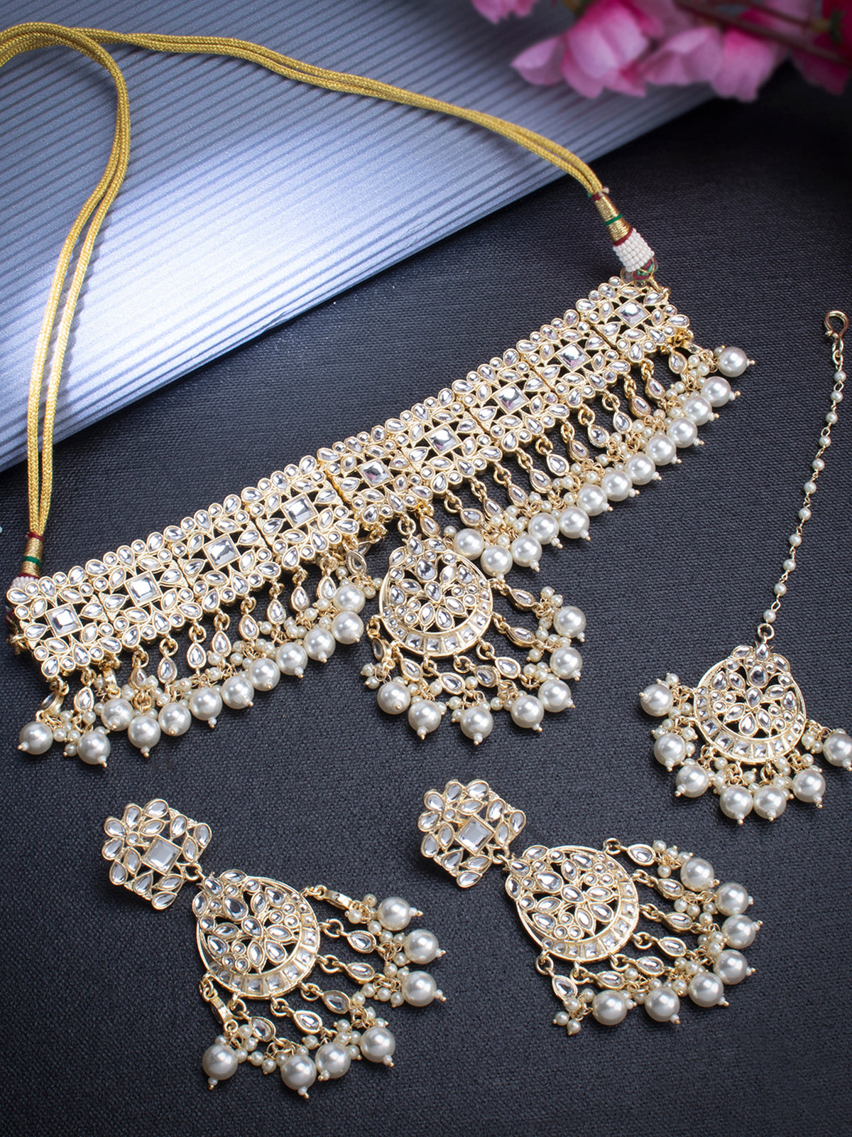 Sukkhi Exclusive Kundan Gold Plated Pearl Choker Necklace Set for Women SKR85708
