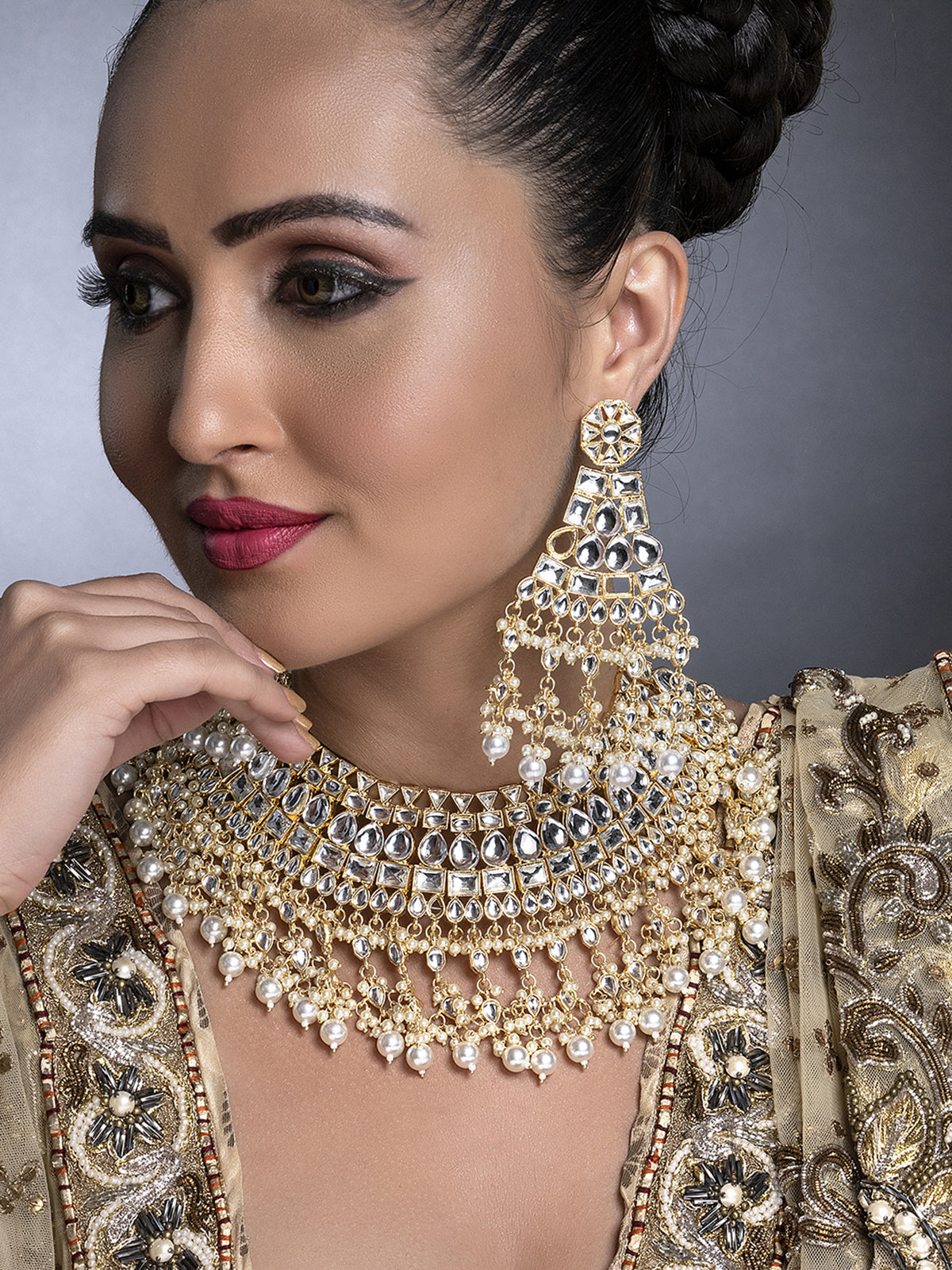 Sukkhi Glamorous Kundan Gold Plated Pearl Choker Necklace Set for Women SKR85709