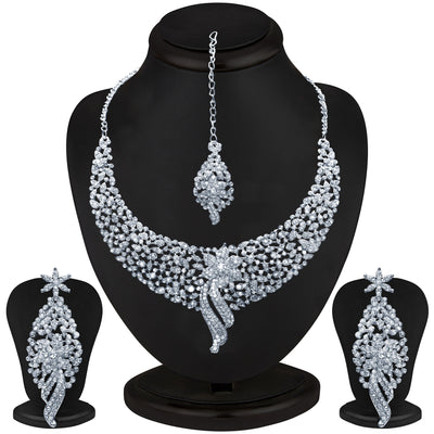 Sukkhi Sleek Rhodium plated AD Stone Necklace Set