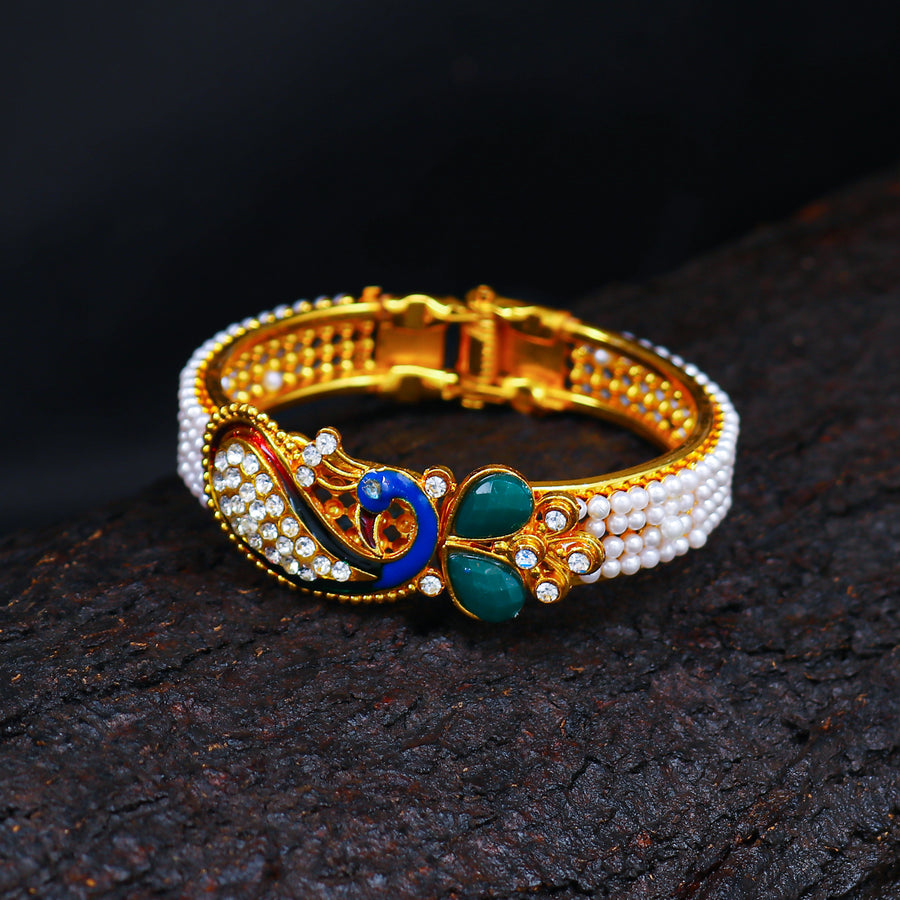 Sukkhi Marquise Pecock Gold Plated AD Kada For Women Free Size - Free Size