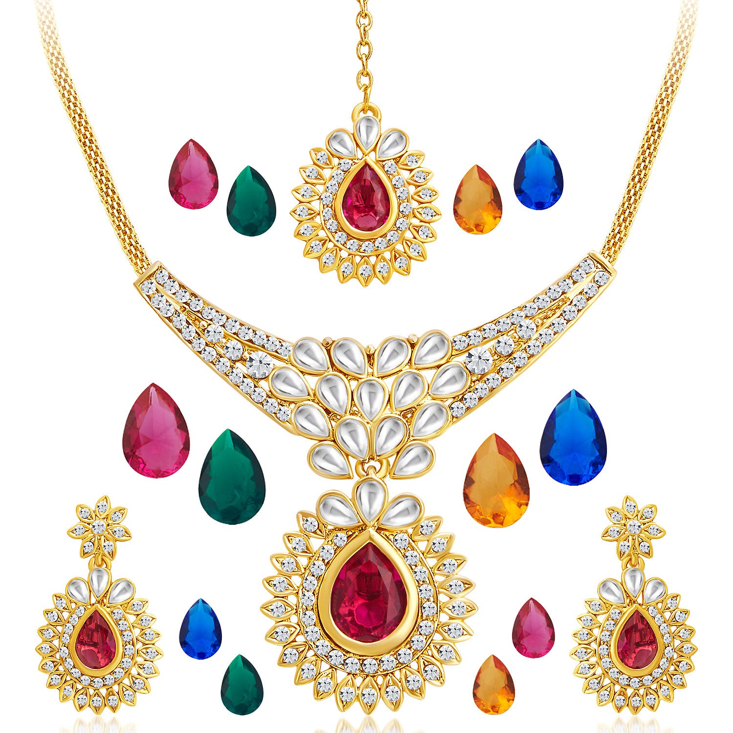 Sukkhi Pack of 15 Changeable Stone Attractive Gold Plated AD Necklace Set