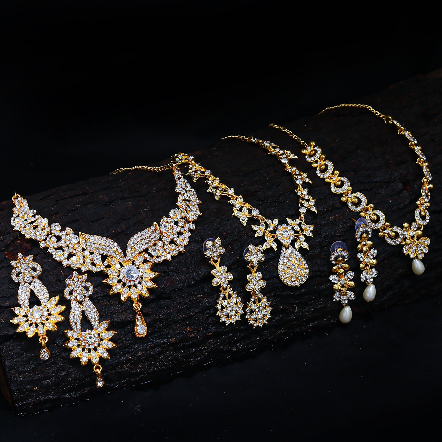 Sukkhi Intricately Gold Plated AD Set of 3 Necklace Set Combo For Women