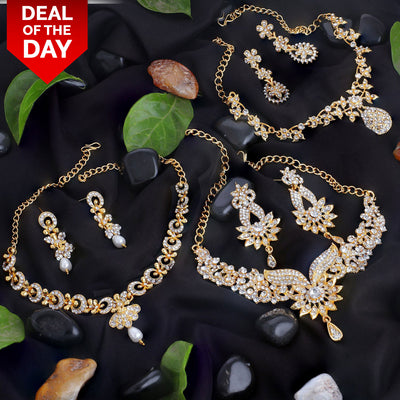 Sukkhi Intricately Gold Plated AD Set of 3 Necklace Set Combo For Women
