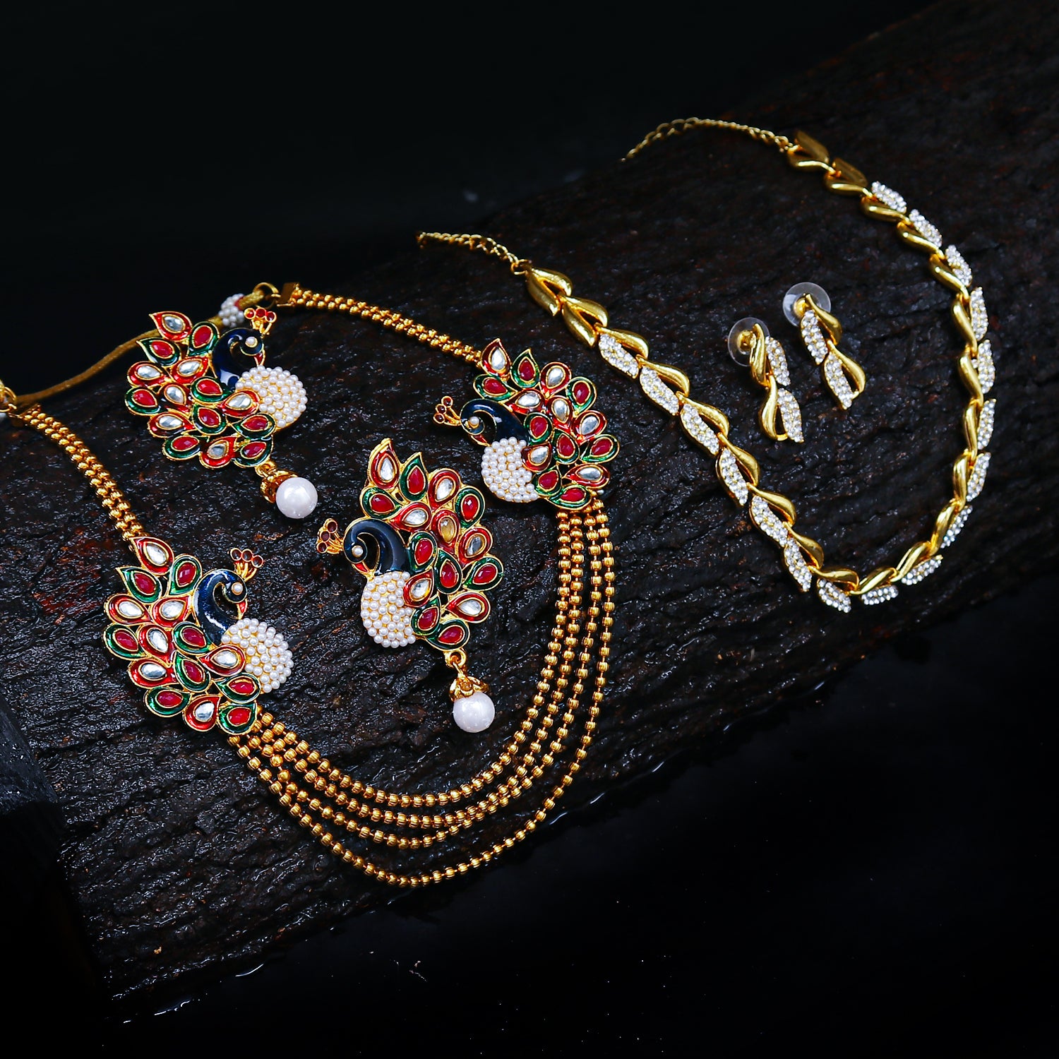 Sukkhi Sublime 4 String Peacock Gold Plated AD Necklace Set Combo For Women Pack Of 2