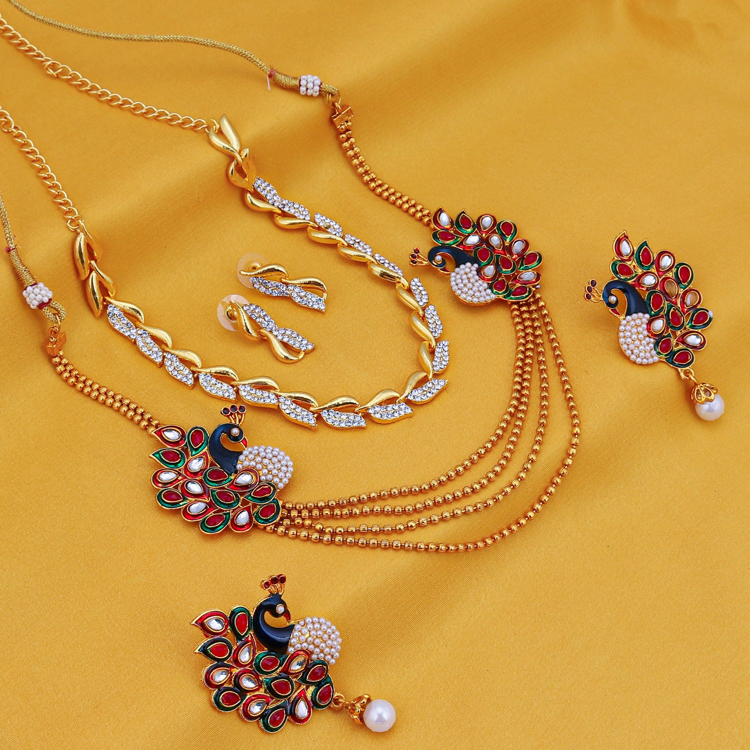 Sukkhi Sublime 4 String Peacock Gold Plated AD Necklace Set Combo For Women Pack Of 2