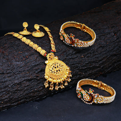 Sukkhi Peacock Gold Plated Necklace Set & Kada Combo For Women