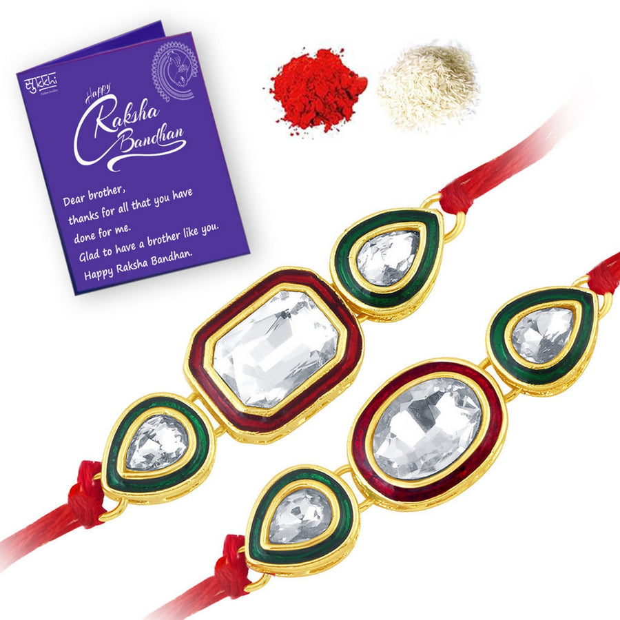 Sukkhi Fabulous Gold Plated Designer Kundan Rakhi Set (Set of 2) with Roli chawal and Greeting Card