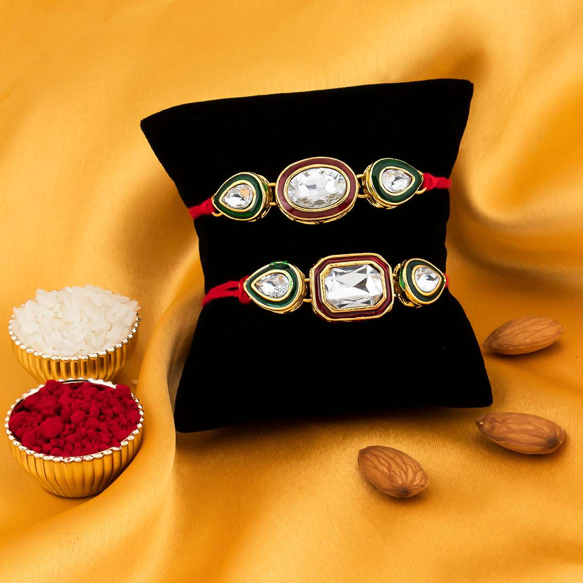 Sukkhi Fabulous Gold Plated Designer Kundan Rakhi Combo (Set of 2) with Roli Chawal and Raksha Bandhan Greeting Card For Men