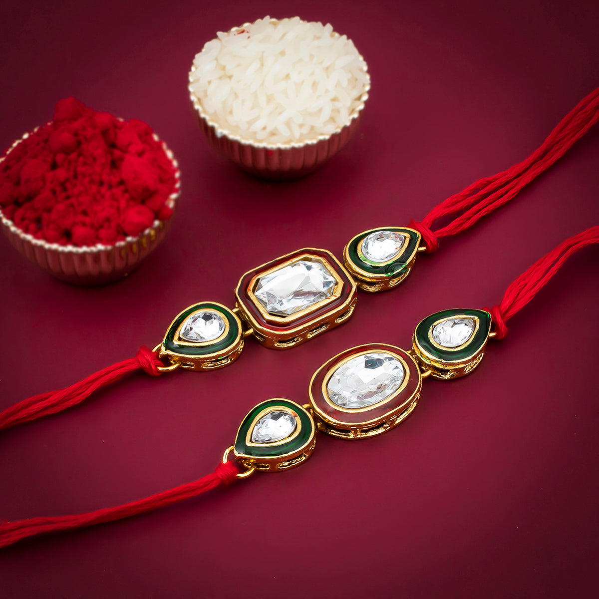 Sukkhi Fabulous Gold Plated Designer Kundan Rakhi Combo (Set of 2) with Roli Chawal and Raksha Bandhan Greeting Card For Men