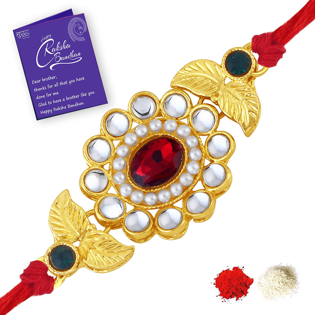 Sukkhi Elegant Gold Plated Designer Floral Rakhi Combo (Set of 2) with Roli Chawal and Raksha Bandhan Greeting Card For Men