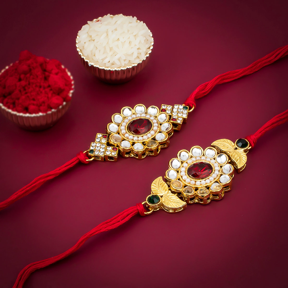 Sukkhi Elegant Gold Plated Designer Floral Rakhi Combo (Set of 2) with Roli Chawal and Raksha Bandhan Greeting Card For Men