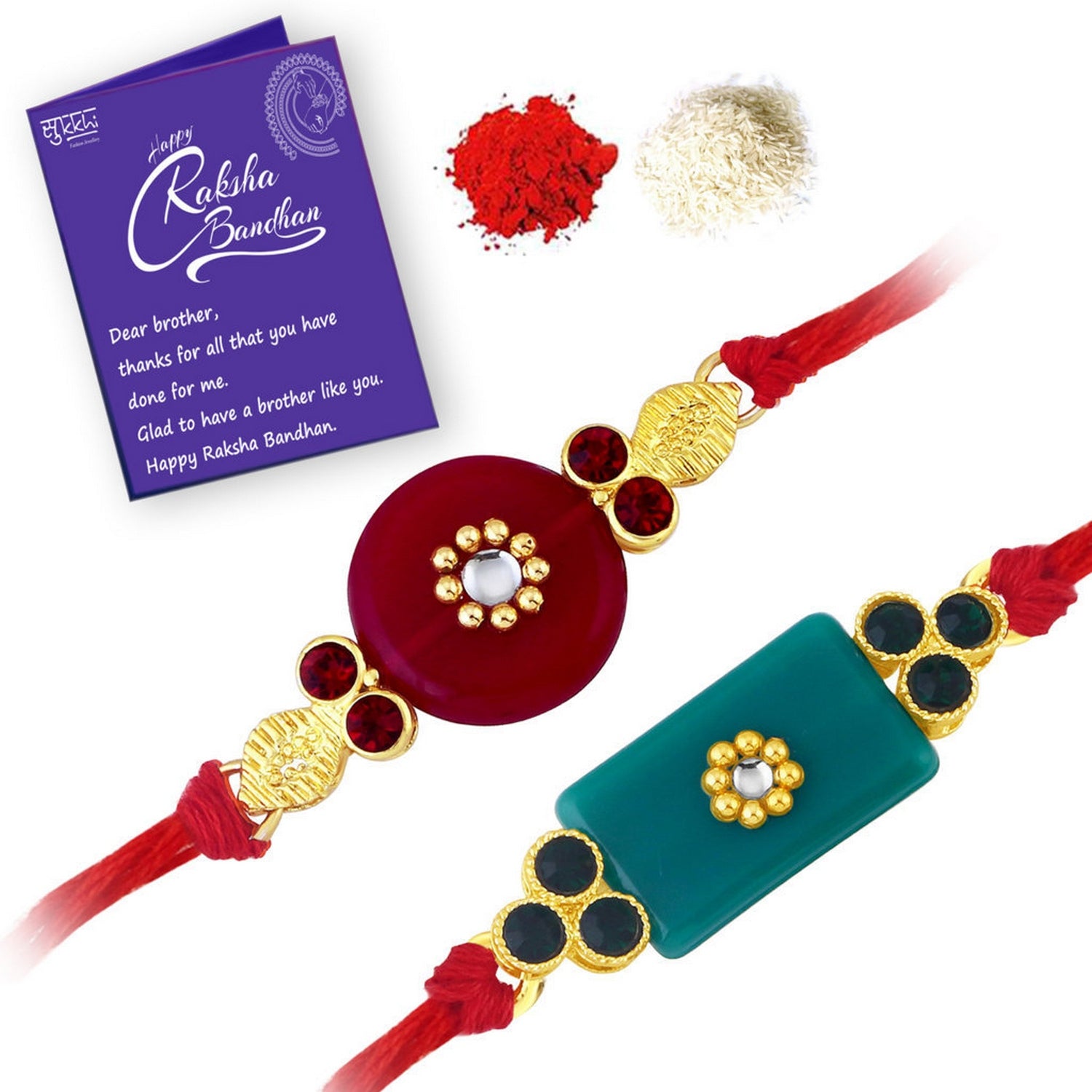 Sukkhi Elegant Gold Plated Designer Rakhi Combo (Set of 2) with Roli Chawal and Raksha Bandhan Greeting Card For Men