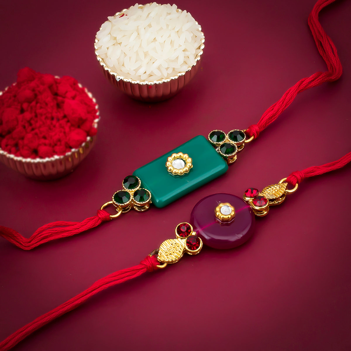 Sukkhi Elegant Gold Plated Designer Rakhi Combo (Set of 2) with Roli Chawal and Raksha Bandhan Greeting Card For Men