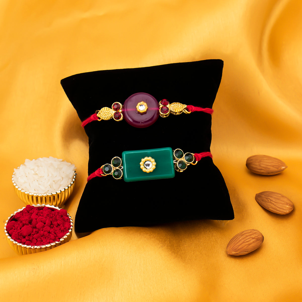 Sukkhi Elegant Gold Plated Designer Rakhi Combo (Set of 2) with Roli Chawal and Raksha Bandhan Greeting Card For Men