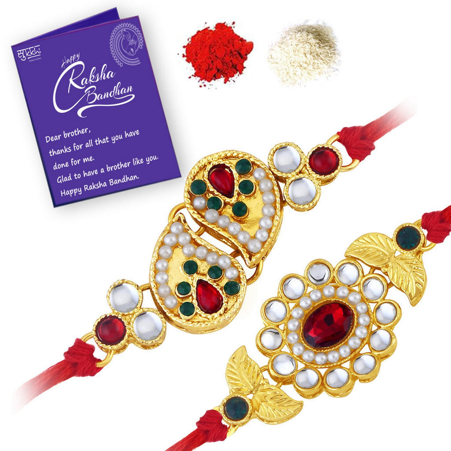 Sukkhi Royal Gold Plated Traditional Rakhi Combo (Set of 2) with Roli Chawal and Raksha Bandhan Greeting Card For Men