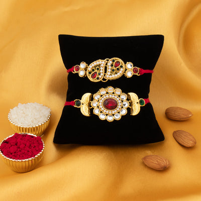 Sukkhi Royal Gold Plated Traditional Rakhi Combo (Set of 2) with Roli Chawal and Raksha Bandhan Greeting Card For Men