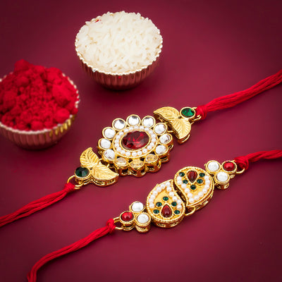 Sukkhi Royal Gold Plated Traditional Rakhi Combo (Set of 2) with Roli Chawal and Raksha Bandhan Greeting Card For Men