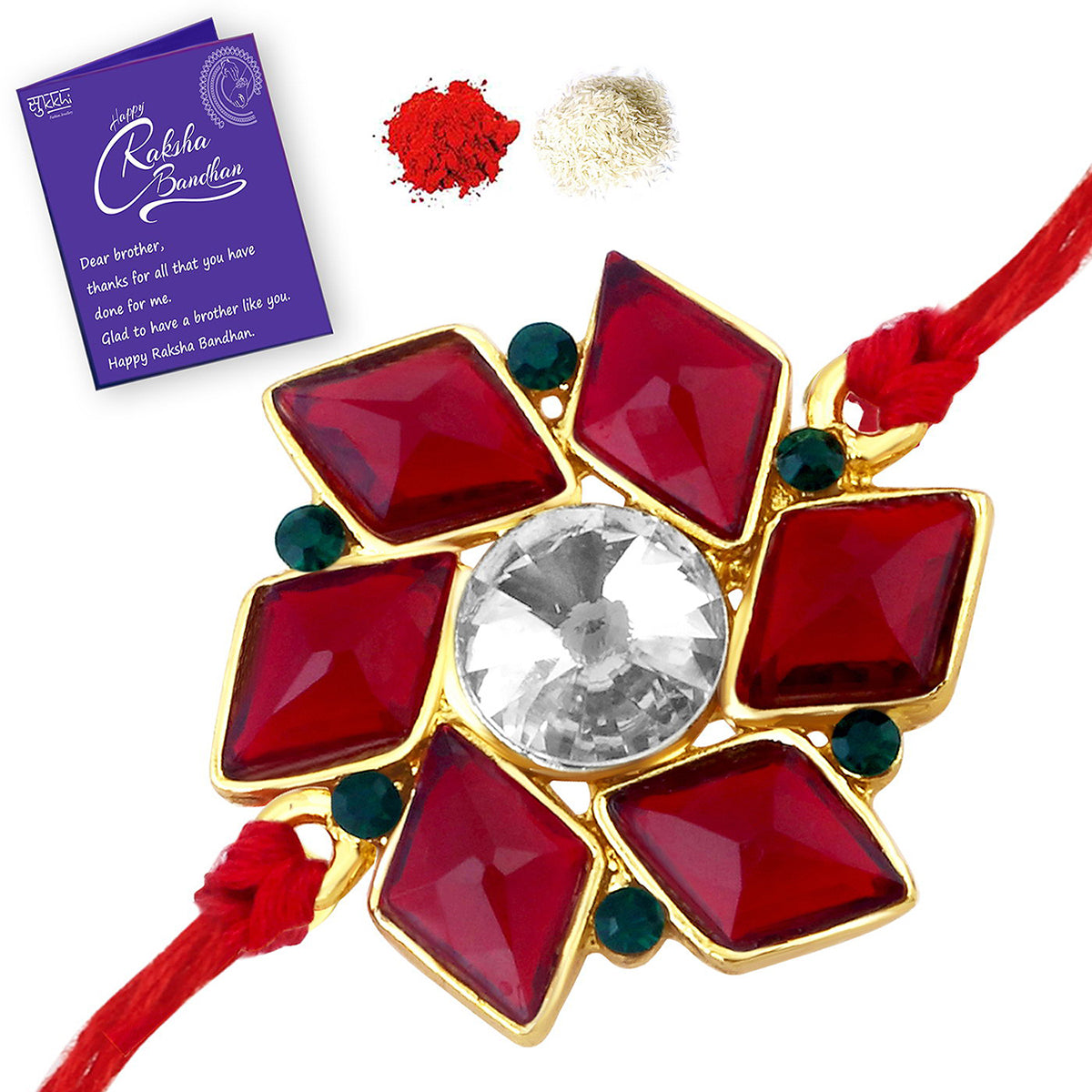 Sukkhi Exquisite Gold Plated Floral Rakhi Set Combo (Set of 2 ) with Roli Chawal and Raksha Bandhan Greeting Card For Men