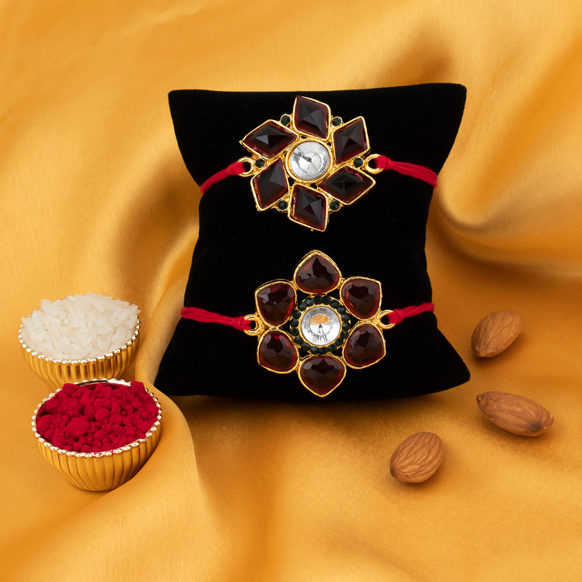 Sukkhi Exquisite Gold Plated Floral Rakhi Set Combo (Set of 2 ) with Roli Chawal and Raksha Bandhan Greeting Card For Men