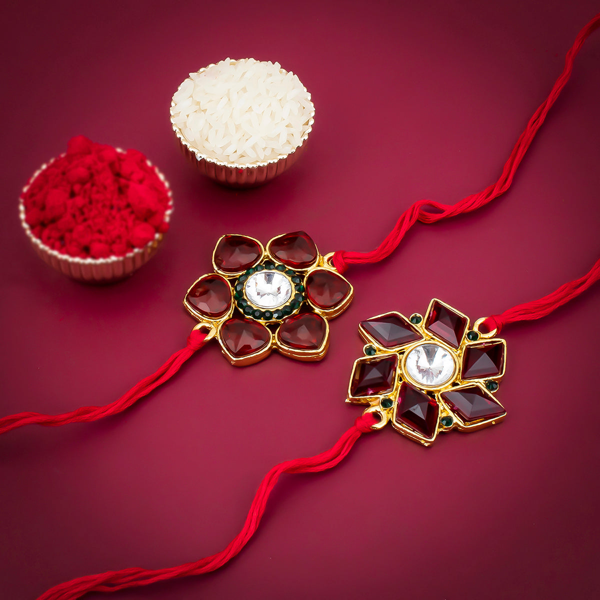 Sukkhi Exquisite Gold Plated Floral Rakhi Set Combo (Set of 2 ) with Roli Chawal and Raksha Bandhan Greeting Card For Men