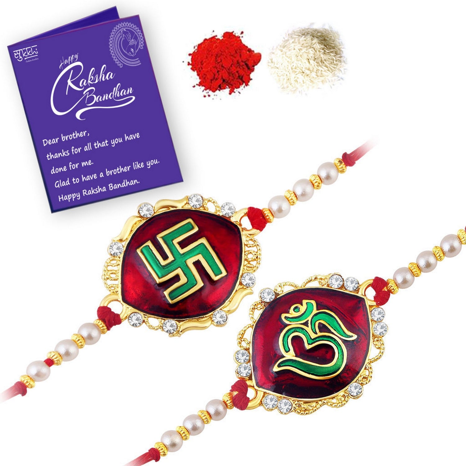 Sukkhi Creative Gold Plated Traditional Meenakari Rakhi Combo Set (Set of 2 ) with Roli Chawal and Raksha Bandhan Greeting Card For Men