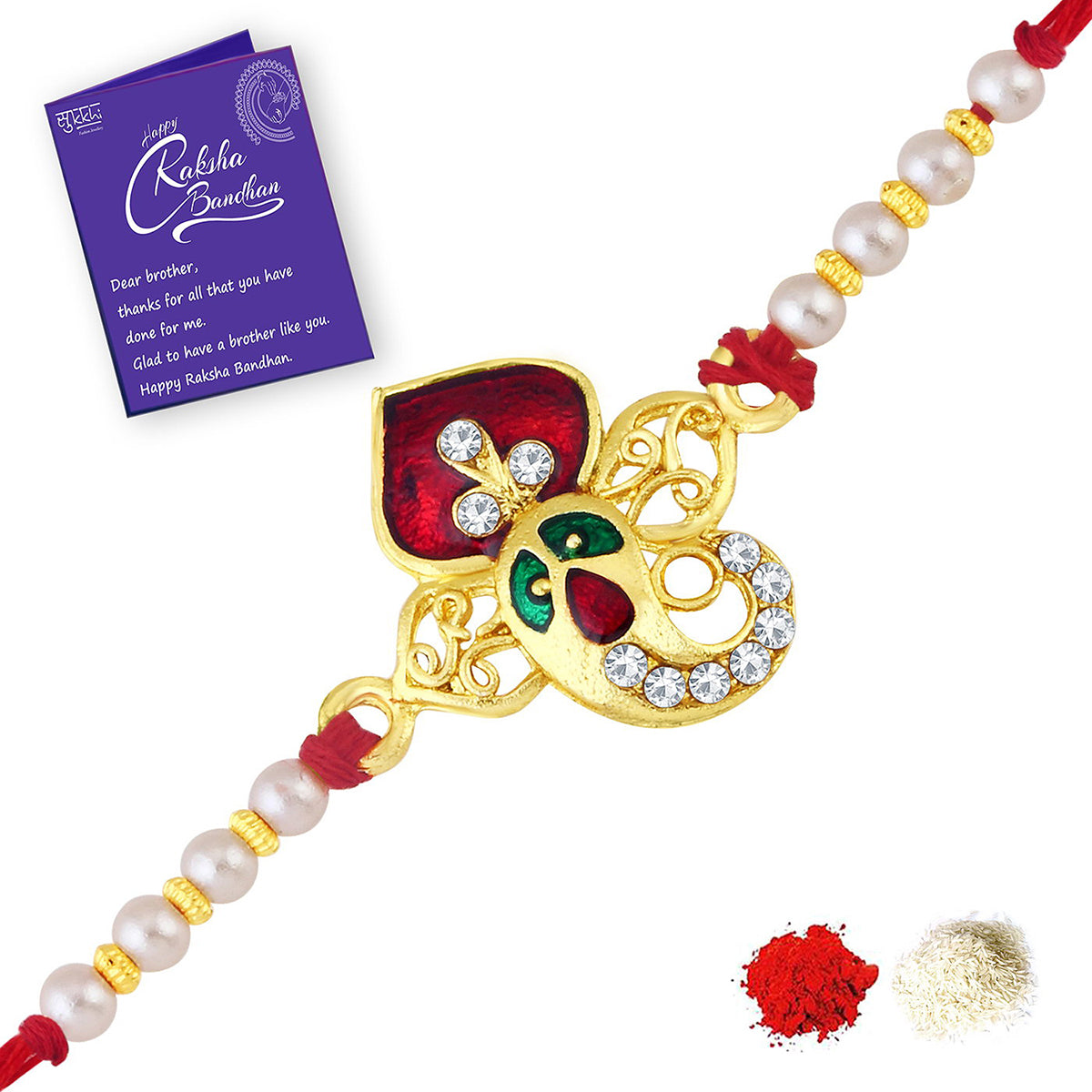 Sukkhi Creative Gold Plated Traditional Meenakari Rakhi Combo Set (Set of 2 ) with Roli Chawal and Raksha Bandhan Greeting Card For Men