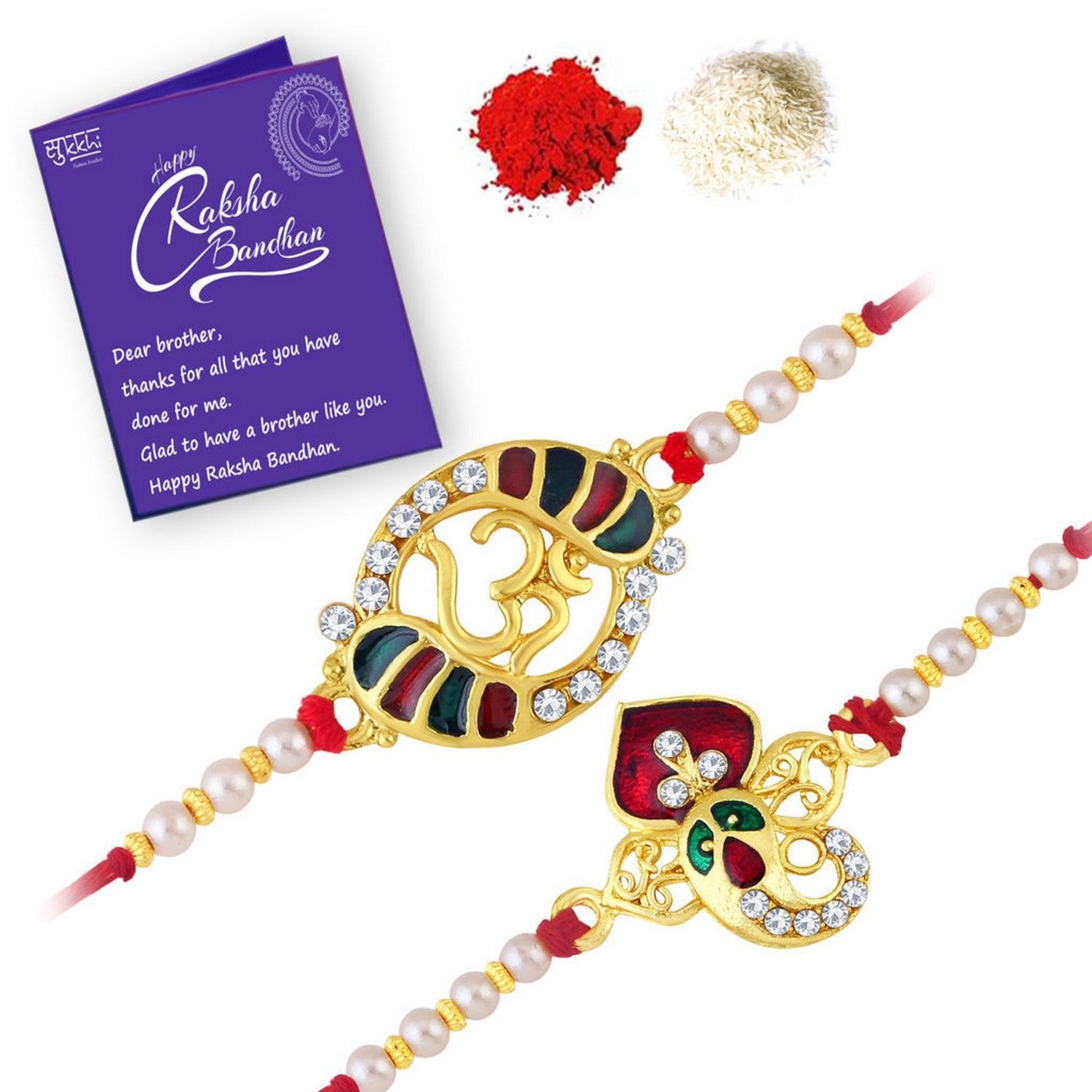 Sukkhi Stunning Gold Plated Ganesh and OM rakhi Set Combo (Set of 2) with Roli chawal and Greeting Card