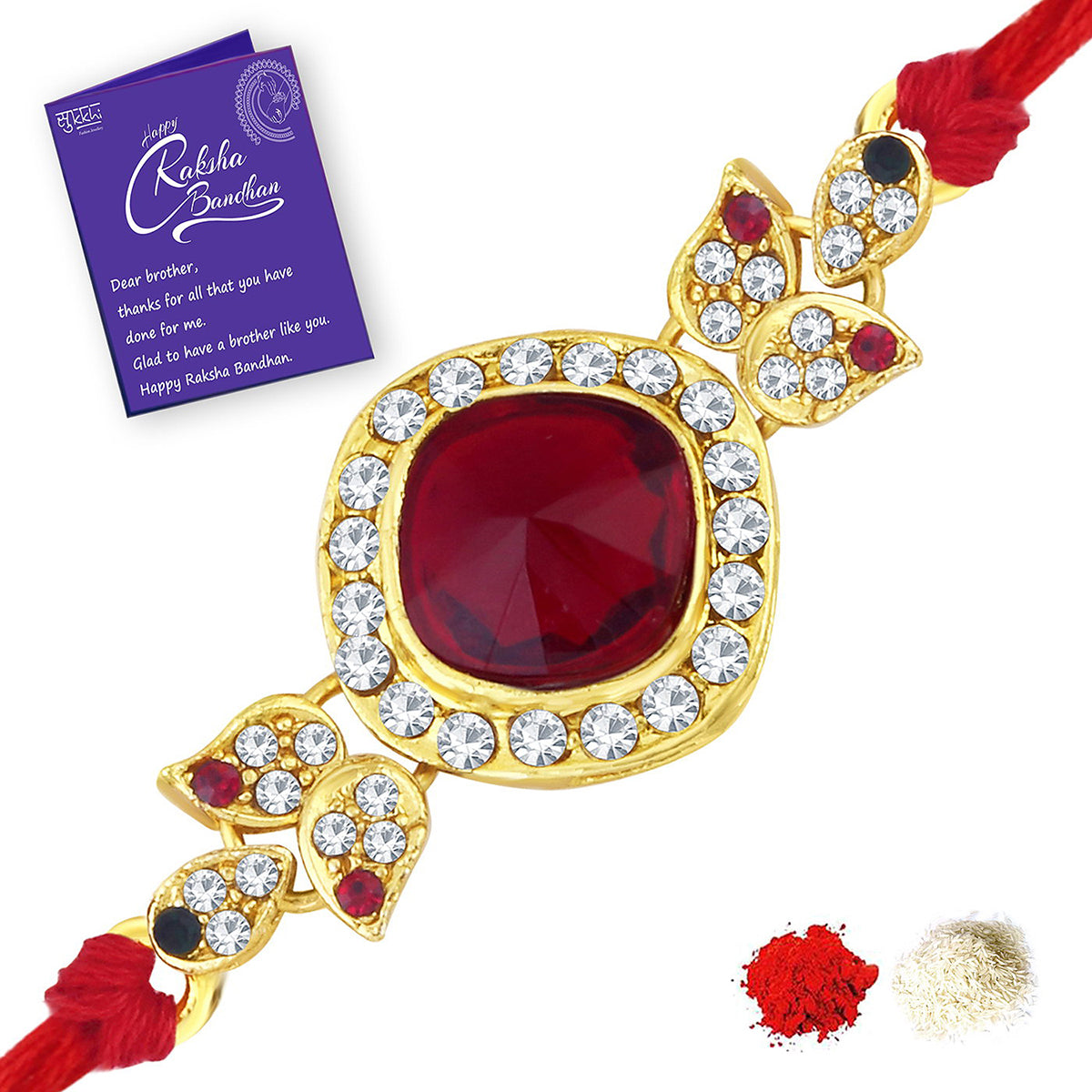 Sukkhi Royal Gold Plated Red Rakhi Combo (Set of 3 Rakhis)with Roli Chawal and Raksha Bandhan Greeting Card For Men