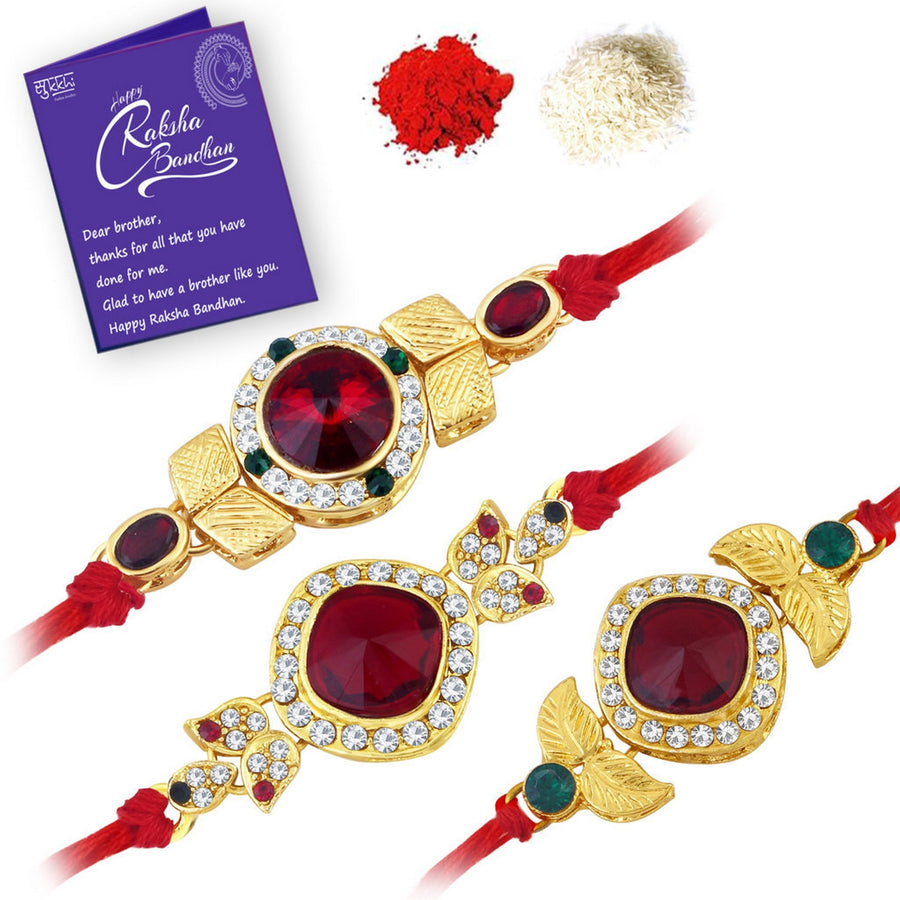 Sukkhi Royal Gold Plated Red Rakhi Combo (Set of 3 Rakhis)with Roli chawal and Greeting Card