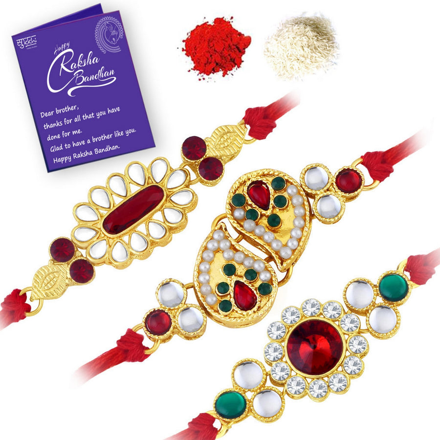 Sukkhi Gloriuos Gold Plated Rakhi Combo (Set of 3 Rakhi's) with Roli chawal and Greeting Card