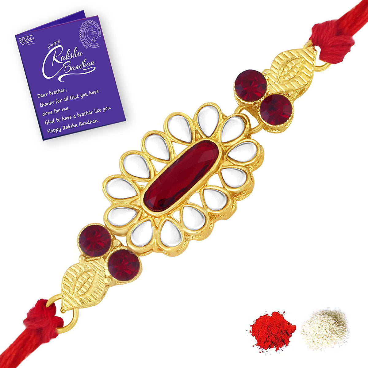 Sukkhi Glorious Gold Plated Kundan Rakhi Combo (Set of 3 Rakhi's) with Roli Chawal and Raksha Bandhan Greeting Card For Men