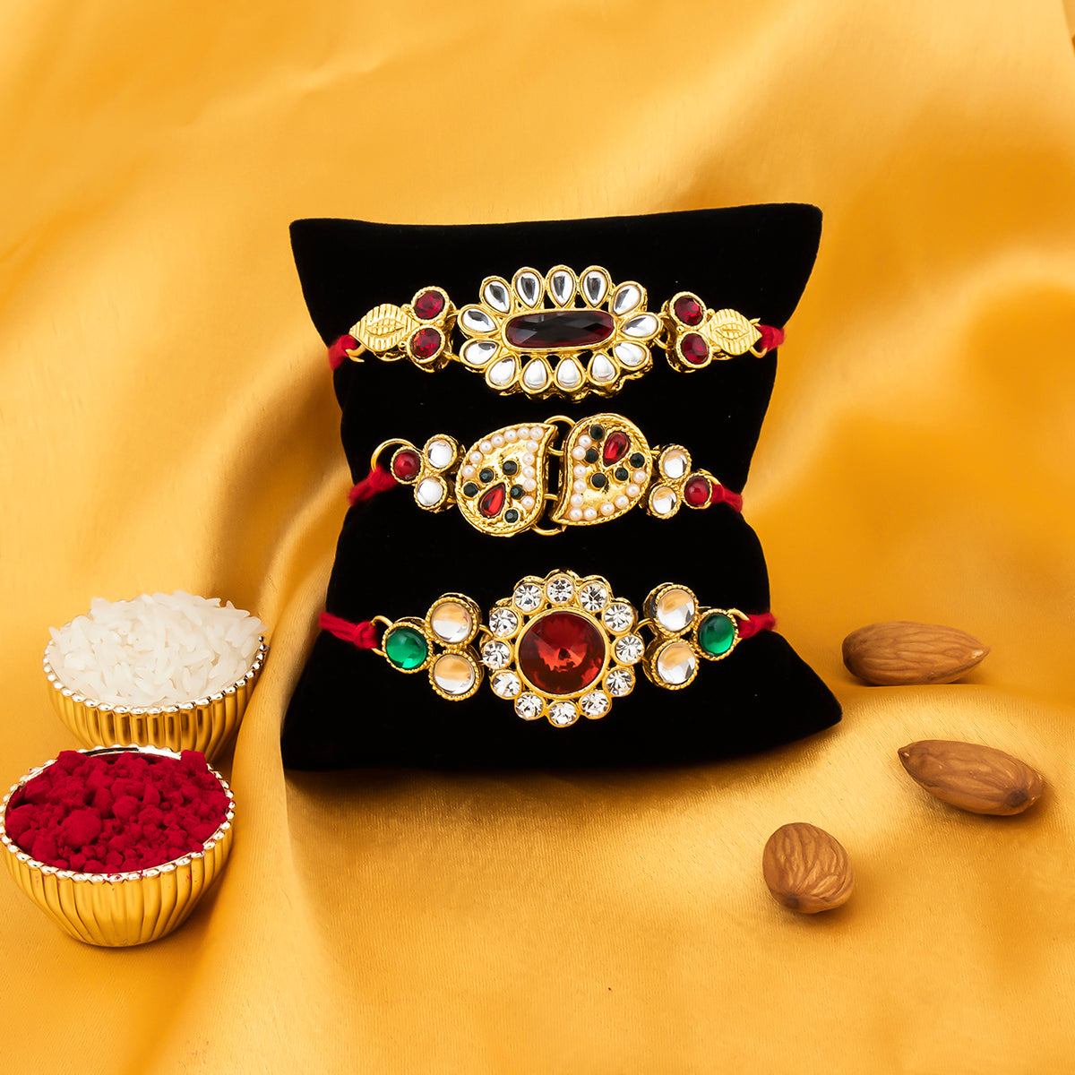 Sukkhi Glorious Gold Plated Kundan Rakhi Combo (Set of 3 Rakhi's) with Roli Chawal and Raksha Bandhan Greeting Card For Men