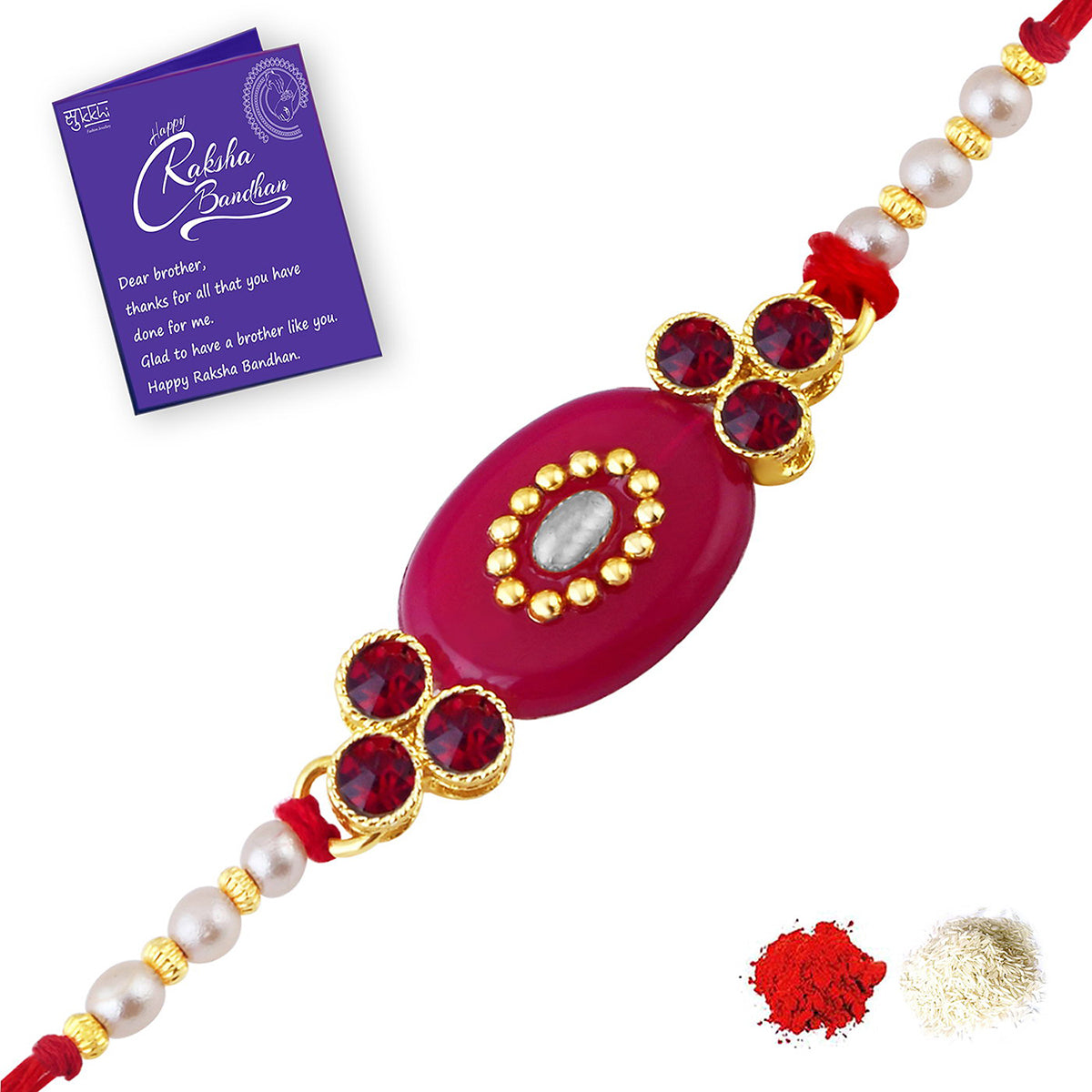 Sukkhi Elegant Gold Plated Solid Rakhi Combo Set (Set of 3 Rakhis) with Roli Chawal and Raksha Bandhan Greeting Card For Men