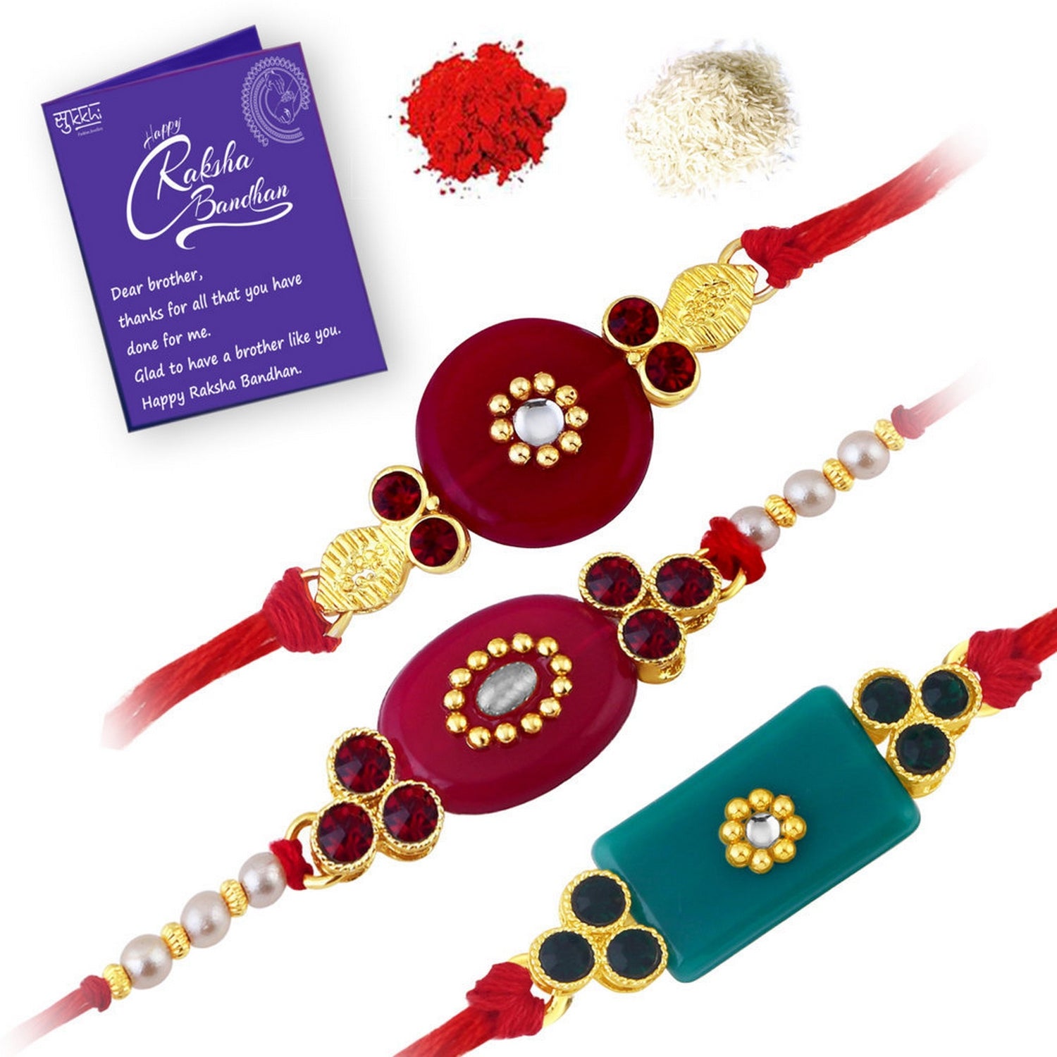 Sukkhi Elegant Gold Plated Solid Rakhi Combo Set (Set of 3 Rakhis) with Roli chawal and Greeting Card