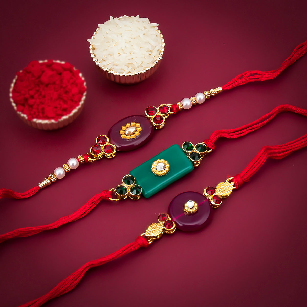 Sukkhi Elegant Gold Plated Solid Rakhi Combo Set (Set of 3 Rakhis) with Roli Chawal and Raksha Bandhan Greeting Card For Men