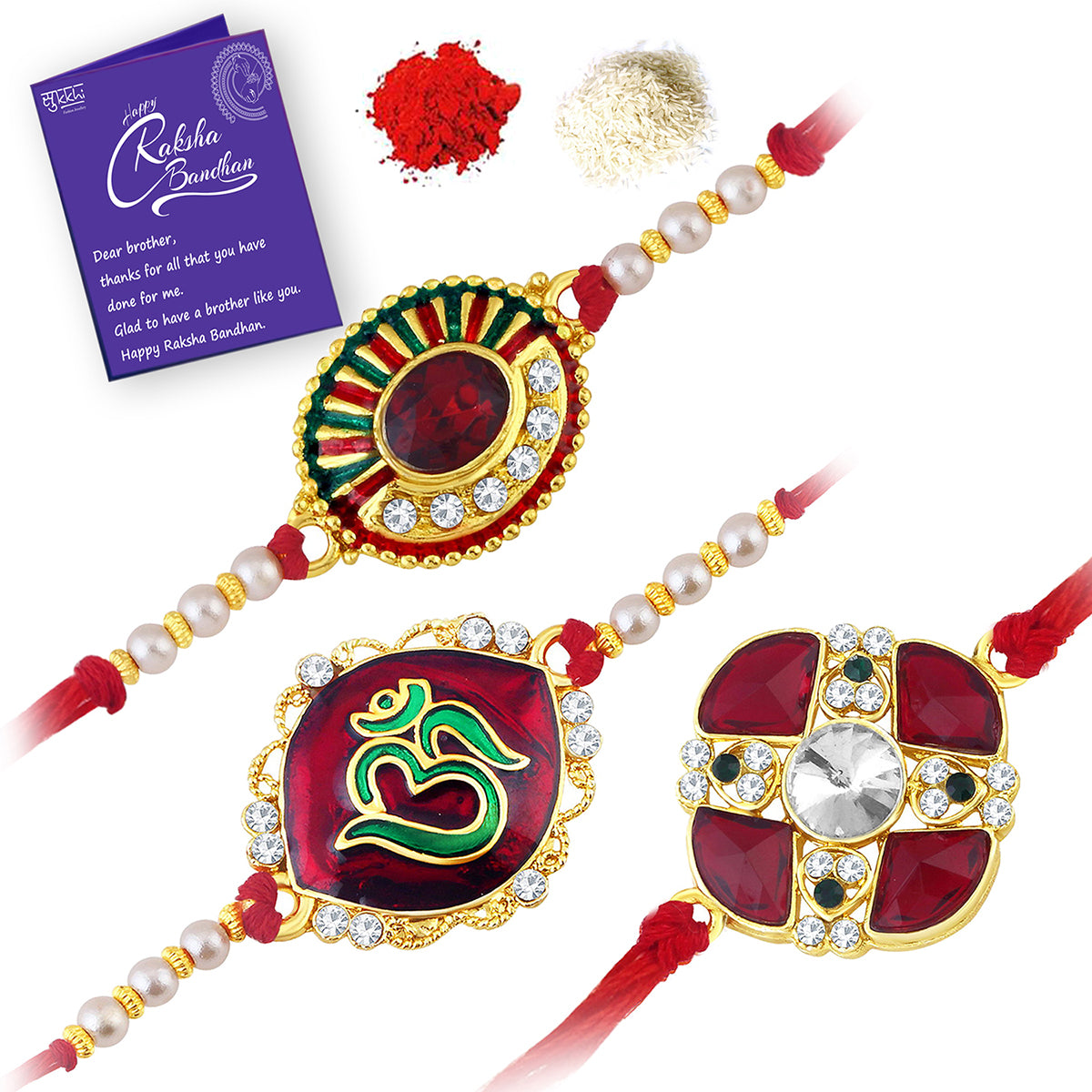 Sukkhi Modish Gold Plated Rakhi Combo (Set of 3) with Roli Chawal and Raksha Bandhan Greeting Card For Men