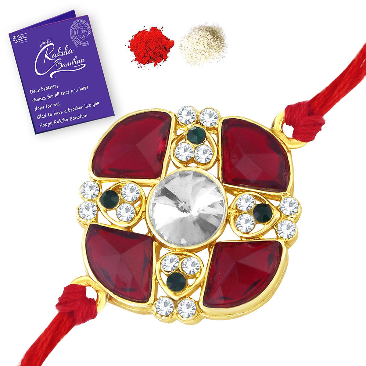 Sukkhi Modish Gold Plated Rakhi Combo (Set of 3) with Roli Chawal and Raksha Bandhan Greeting Card For Men