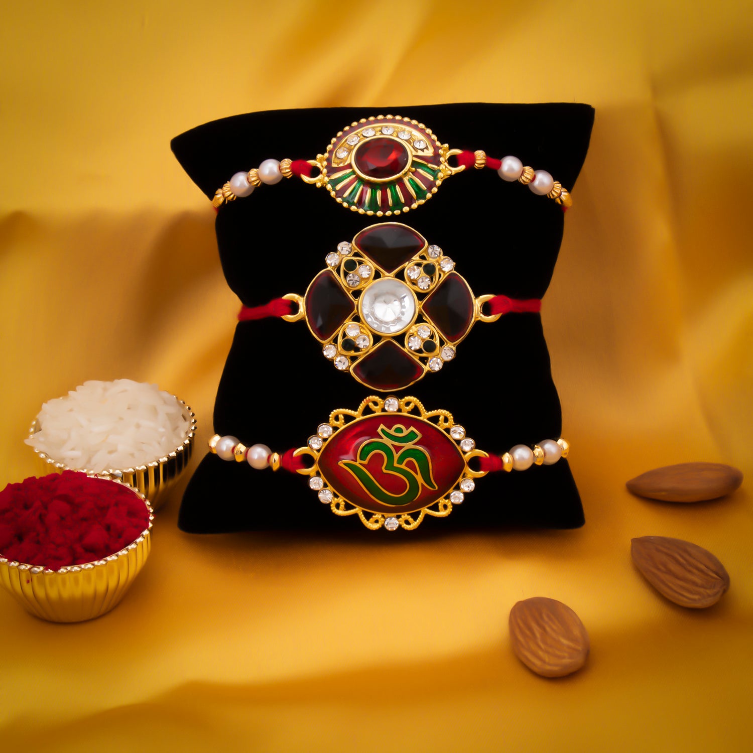 Sukkhi Modish Gold Plated Rakhi Combo (Set of 3) with Roli Chawal and Raksha Bandhan Greeting Card For Men