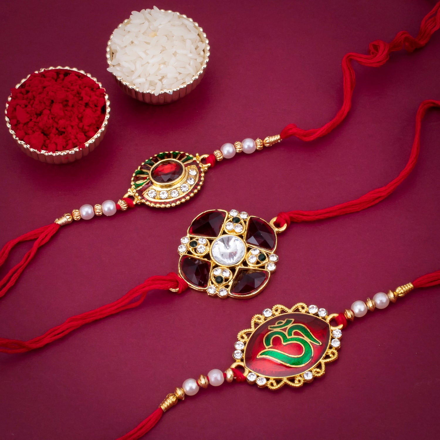 Sukkhi Modish Gold Plated Rakhi Combo (Set of 3) with Roli Chawal and Raksha Bandhan Greeting Card For Men