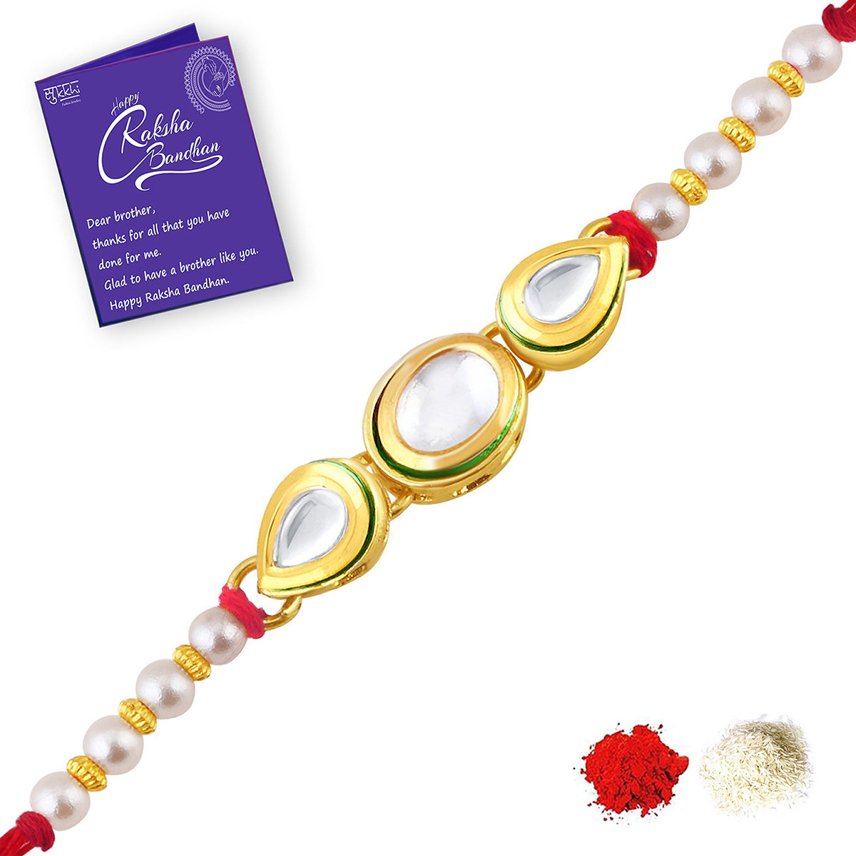 Sukkhi Alluring Gold Plated Kundan Rakhi Combo (Set of 3) with Roli Chawal and Raksha Bandhan Greeting Card For Men