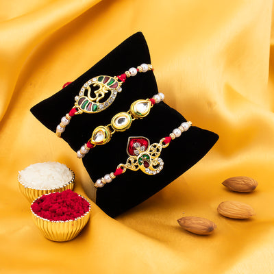 Sukkhi Alluring Gold Plated Kundan Rakhi Combo (Set of 3) with Roli Chawal and Raksha Bandhan Greeting Card For Men