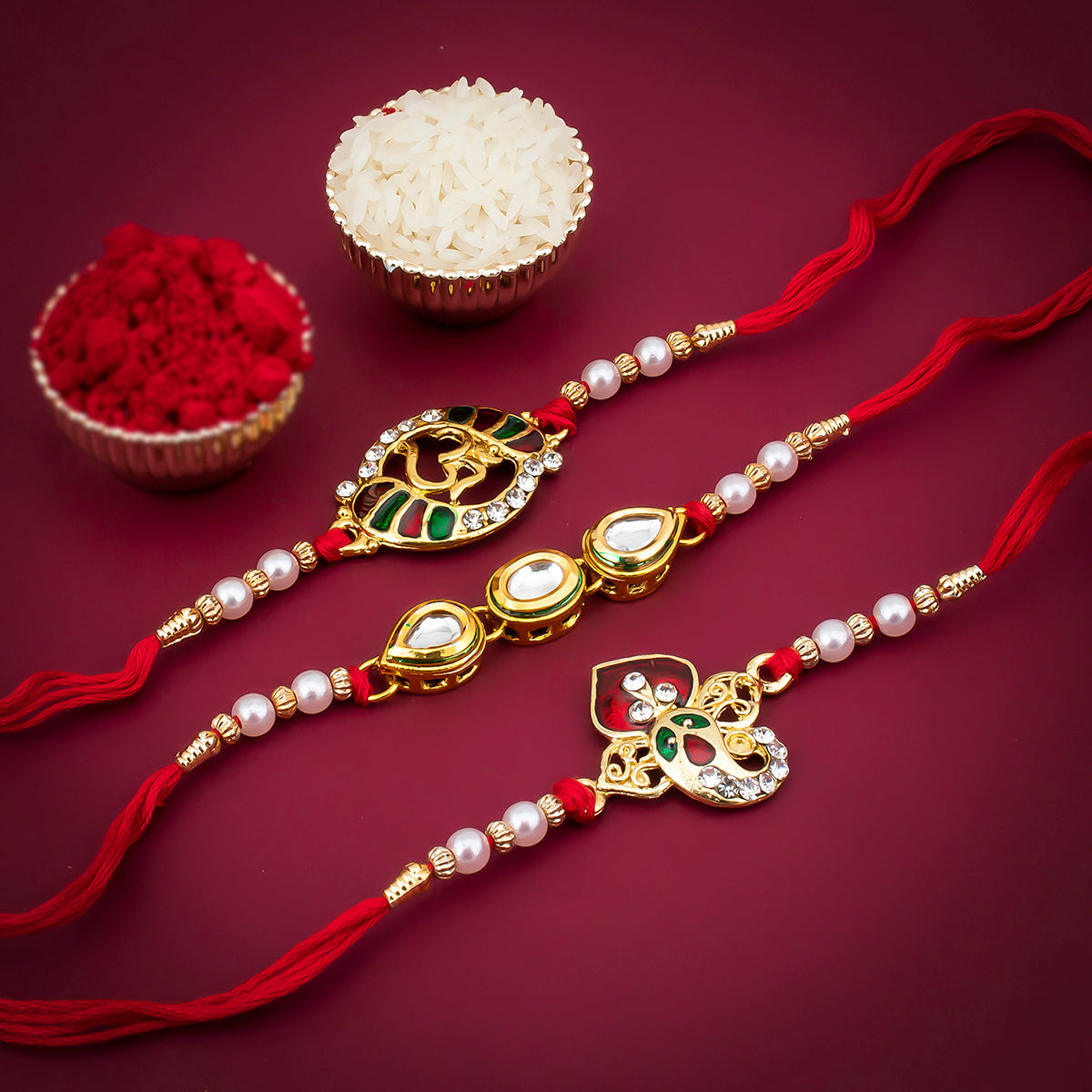 Sukkhi Alluring Gold Plated Kundan Rakhi Combo (Set of 3) with Roli Chawal and Raksha Bandhan Greeting Card For Men